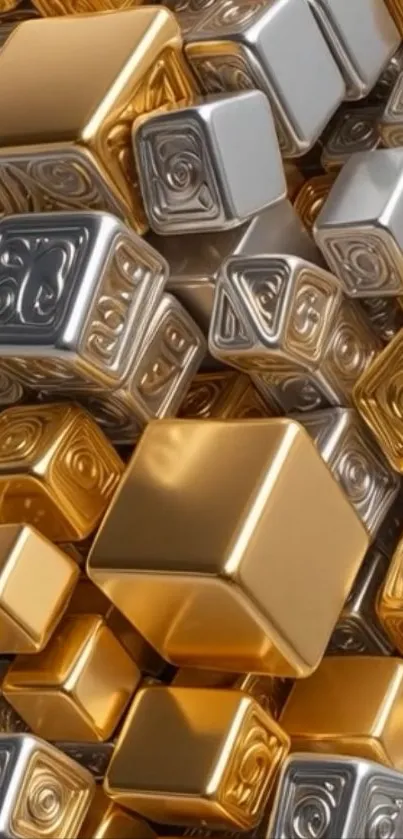 Luxury metallic cubes wallpaper with golden and silver tones.