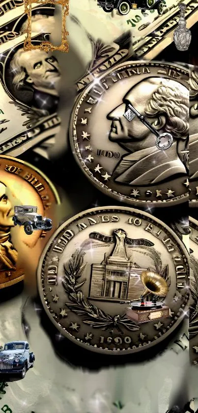 Luxurious mobile wallpaper with coins and cash design.