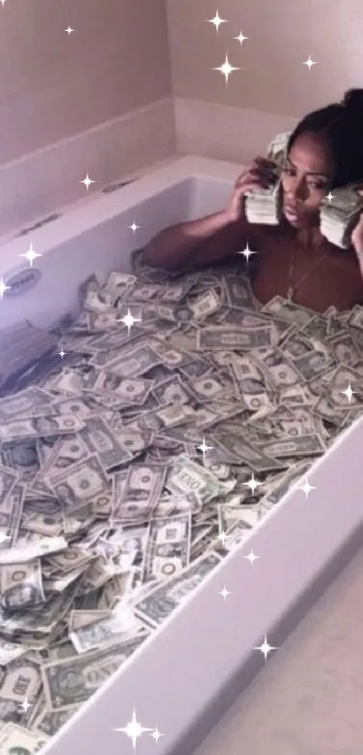 A woman in a bathtub filled with dollar bills.