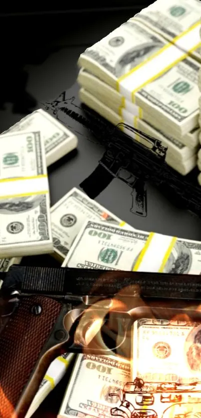 Stacks of cash with a gun on a reflective surface wallpaper.