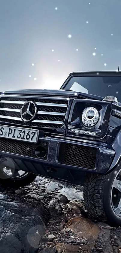 Mercedes G-Class on rugged terrain with a dynamic off-road stance.