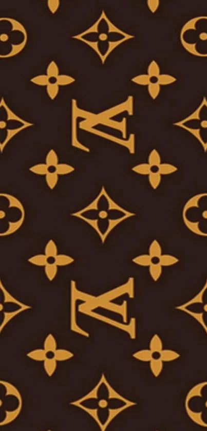 Luxury pattern wallpaper with iconic motifs in brown and gold.