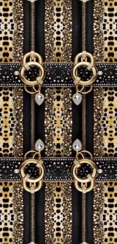 Luxurious gold and black patterned wallpaper with geometric design.