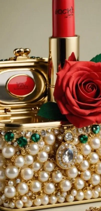 Gold box with pearls, red rose, and lipstick.