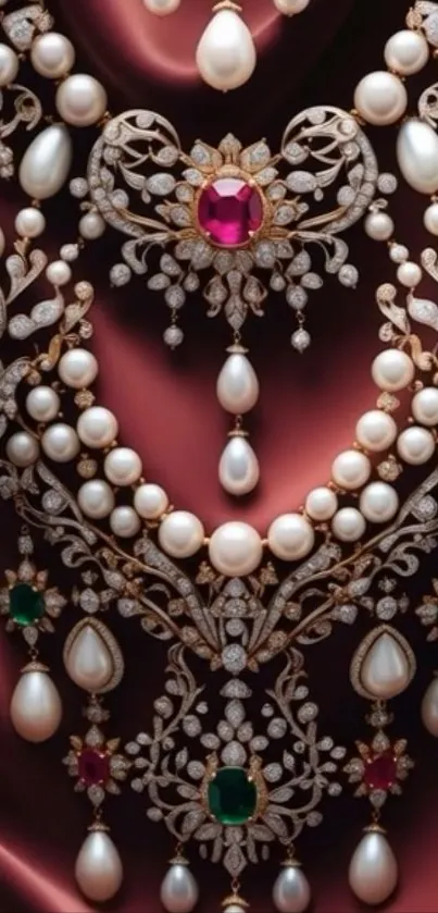 Elegant pearl and jewel necklace against burgundy silk.