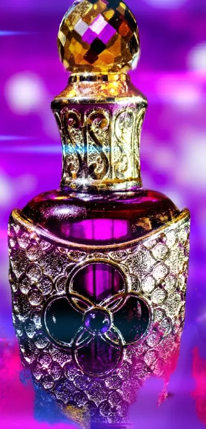 Vintage perfume bottle in gold and purple hues with ornate design, mobile wallpaper.