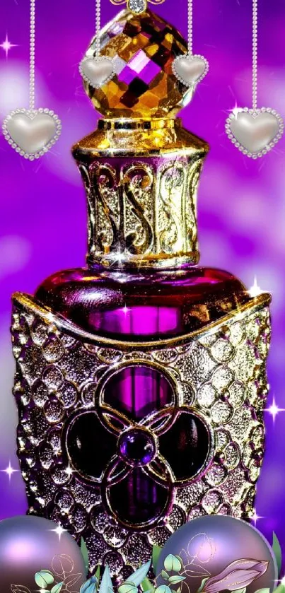 Luxurious purple and gold perfume bottle design on mobile wallpaper.