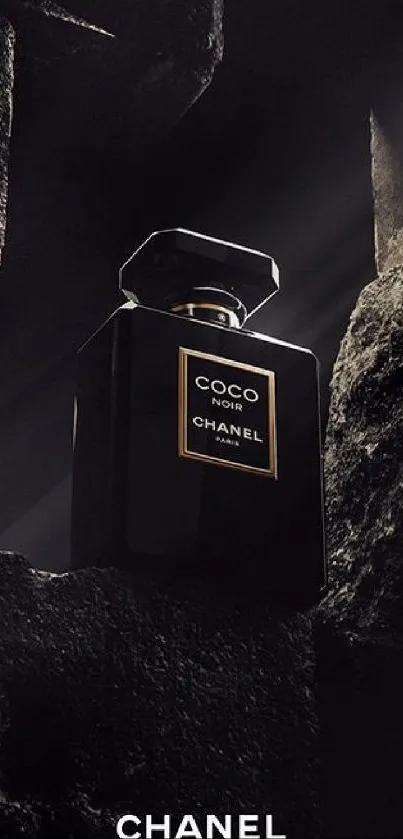 Luxury perfume bottle in dark setting.