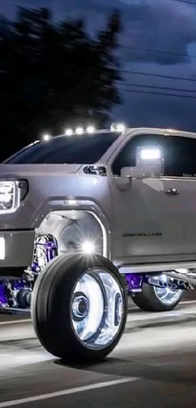 Silver luxury pickup truck, LED lights, night street.