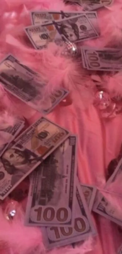 Luxurious pink wallpaper with dollar bills and feathers for a chic aesthetic.