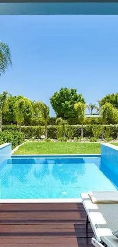 Luxury poolside view with clear sky.