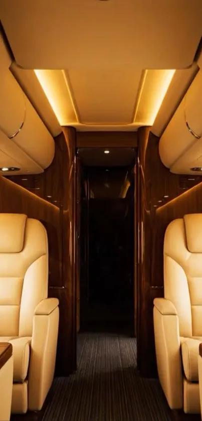 Luxurious private jet interior with plush seating and ambient lighting.