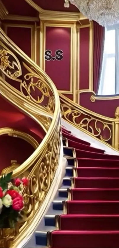 Luxury red and gold staircase with ornate railing and vibrant carpet.