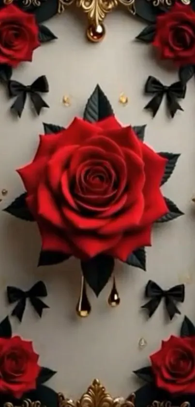 Luxurious red rose wallpaper with gold accents.