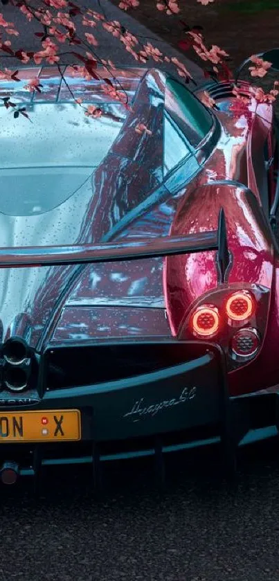Luxury red sports car with cherry blossoms in the background.