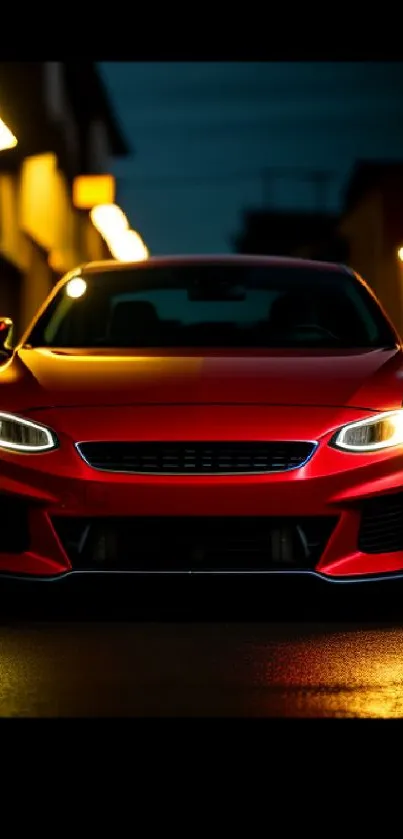 Sleek red sports car at night with city lights.