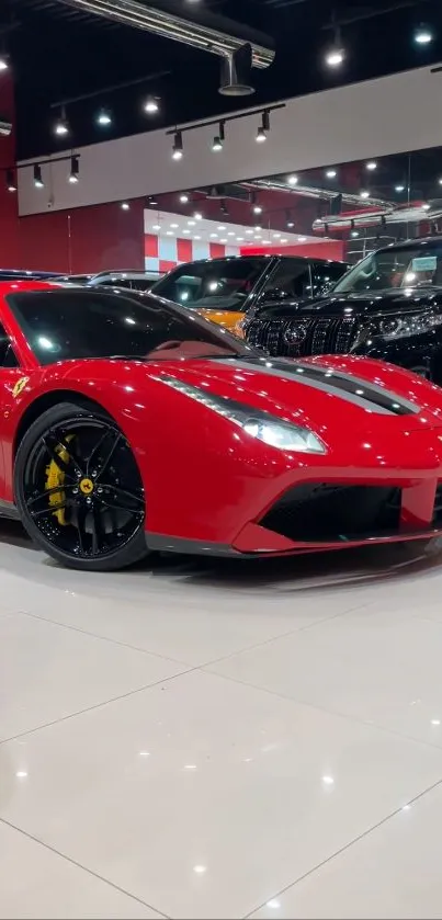 Red Ferrari displayed in a luxury showroom with other vehicles.