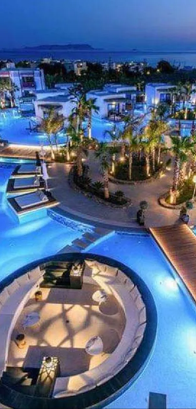 Luxurious resort pool with palm trees at twilight.