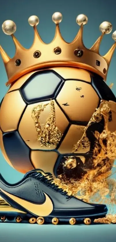 Golden soccer ball with crown and sneaker art.