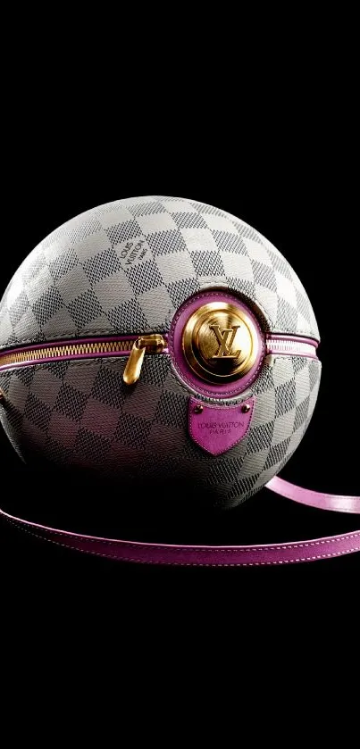 Luxury spherical handbag on black background.