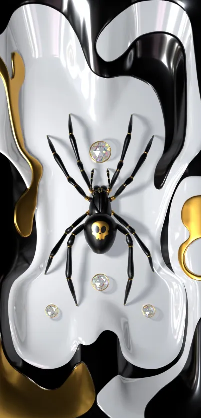 Stylish black spider with a golden skull in a fluid artistic background.