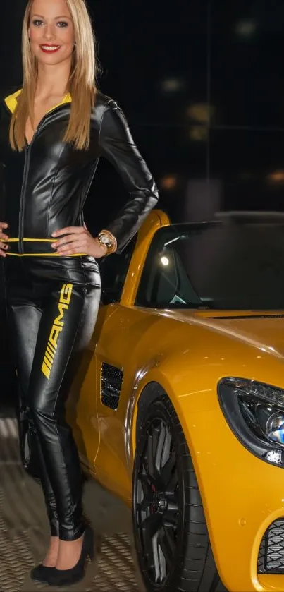 Model in black leather beside a yellow sports car.