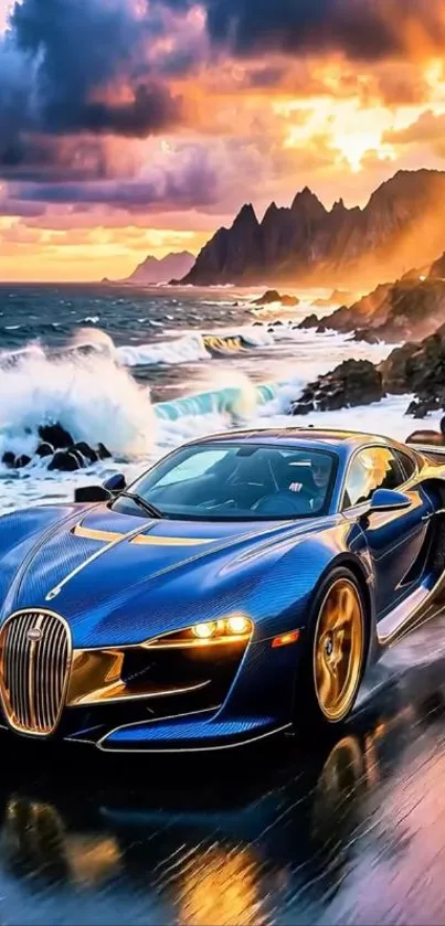 Blue luxury sports car on coastal road at sunset with waves crashing.