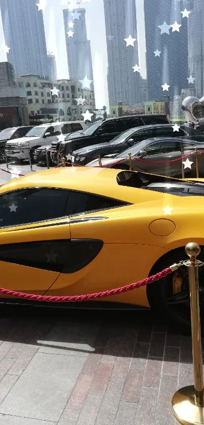 Yellow luxury sports car with city skyline background.