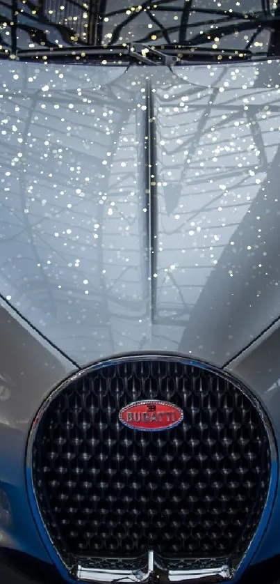 Close-up view of a luxury sports car with a sleek metallic finish.