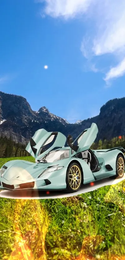 A sports car with open doors set against a mountain and sky backdrop.