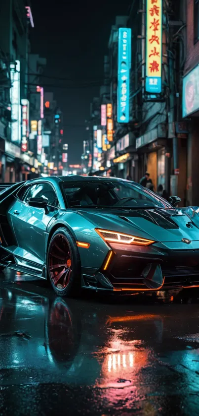 Luxury sports car against neon city backdrop.