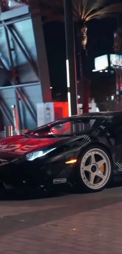 Luxury sports car parked at night in an urban setting with glowing lights.