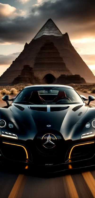 Luxury black sports car in desert with pyramid backdrop.