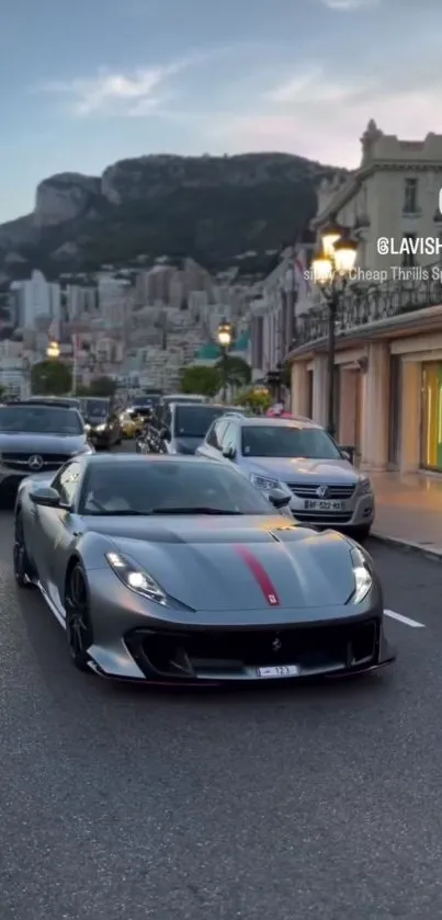 Luxury sports car on city street with scenic view.