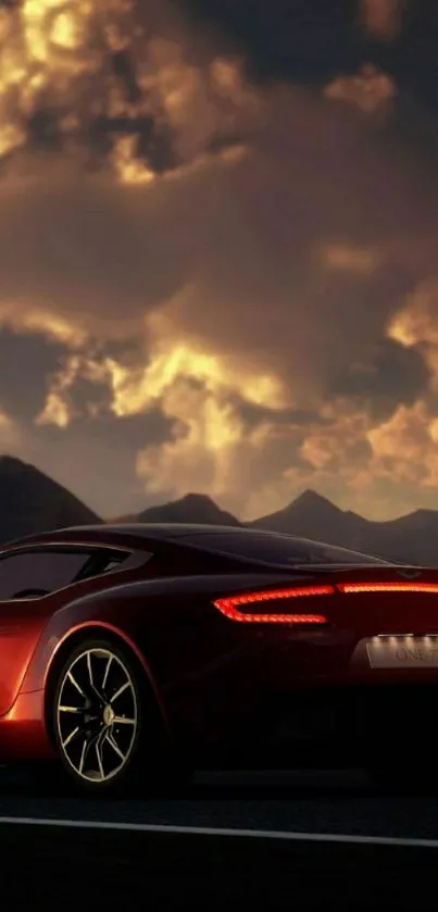 Luxury sports car at sunset with dramatic clouds in background.