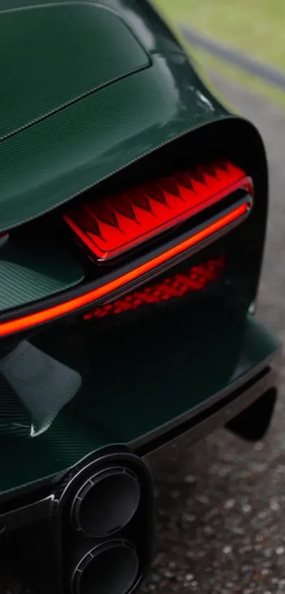 Close-up of a sleek car tail light with a dark green finish and red accents.