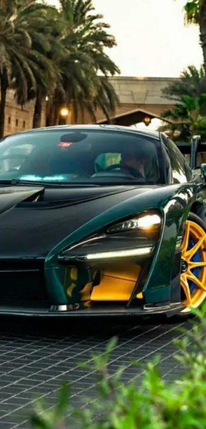 Luxury green sports car with yellow accents under palm trees.