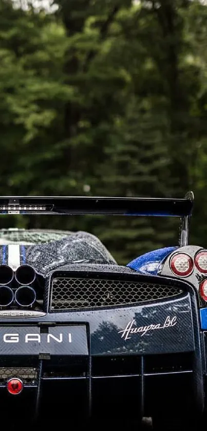 Luxury sports car with green forest backdrop.