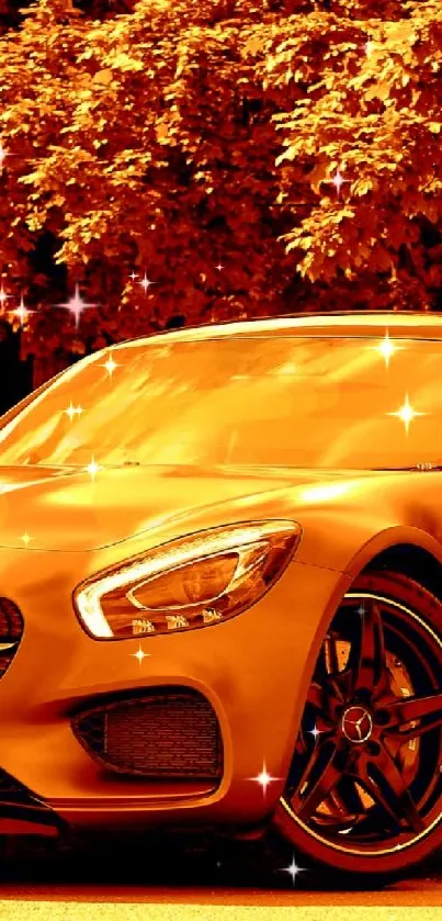 Orange luxury sports car under autumn trees, sleek design.