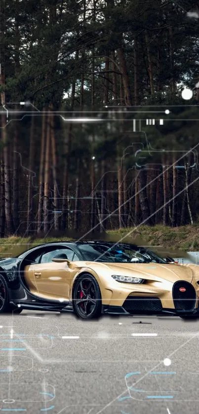 Golden Bugatti sports car on a scenic road with a digital overlay.