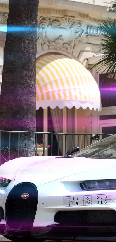 Luxury white sports car under palm trees on a sunny street.