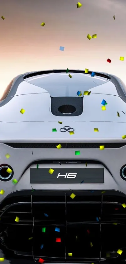 Rear view of luxury sports car with confetti in the air.