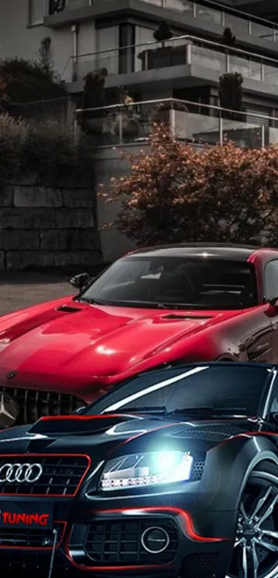 Luxury black and red sports cars parked in front of modern buildings.