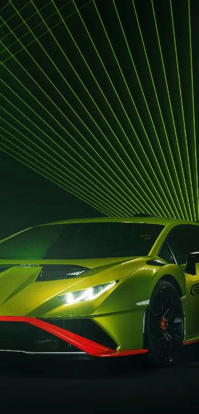 A luxury green sports car with a sleek design and headlights illuminated.