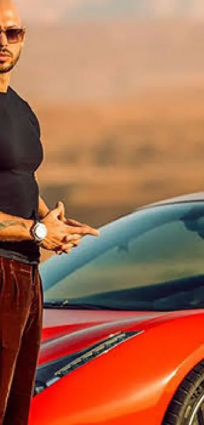 Luxury red sports car in desert backdrop.