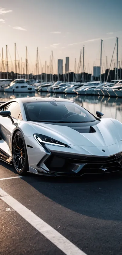 Luxury sports car parked at marina during sunset, sleek and elegant design.