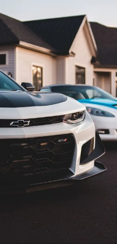 Luxury sports cars parked in front of modern houses at sunset.