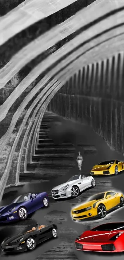 Colorful sports cars under monochrome tunnel.