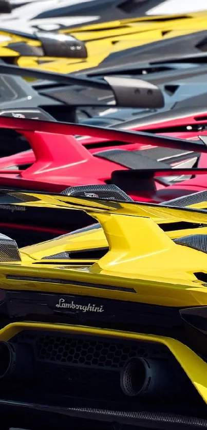 Close-up of sleek luxury sports cars in a vibrant lineup showing colorful details.