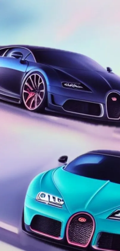 Two luxury sports cars in vibrant colors on a dynamic street race.